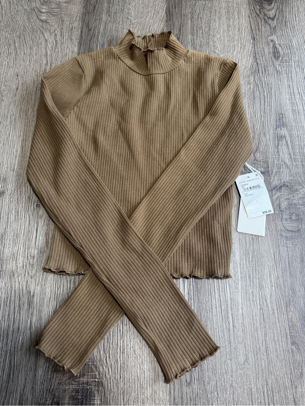 Good American Ribbed Lettuce-Trim Long Sleeve Top in Sepia NWT